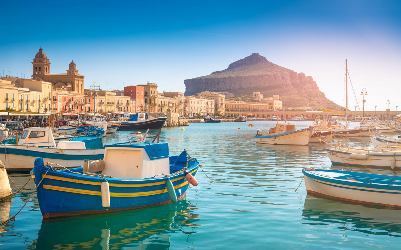 A vibrant travel photograph showcasing the picturesque harbor of Trapani, Sicily