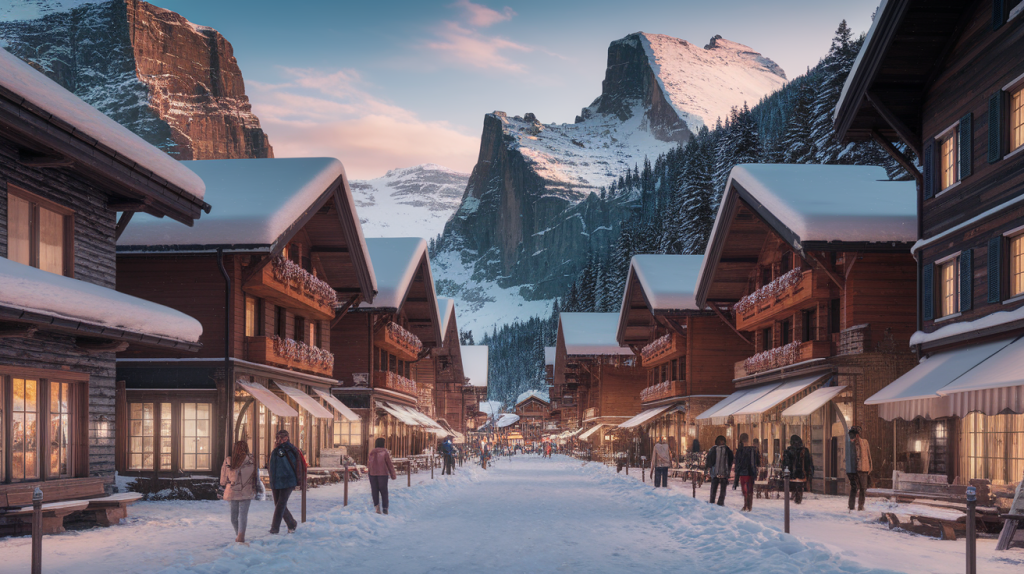 Snow-covered alpine street in Grindelwald surrounded by chalet-style buildings, dramatic cliffs and peaks towering overhead, winter tourists walking along shops, soft atmospheric lighting, photorealistic Switzerland winter village