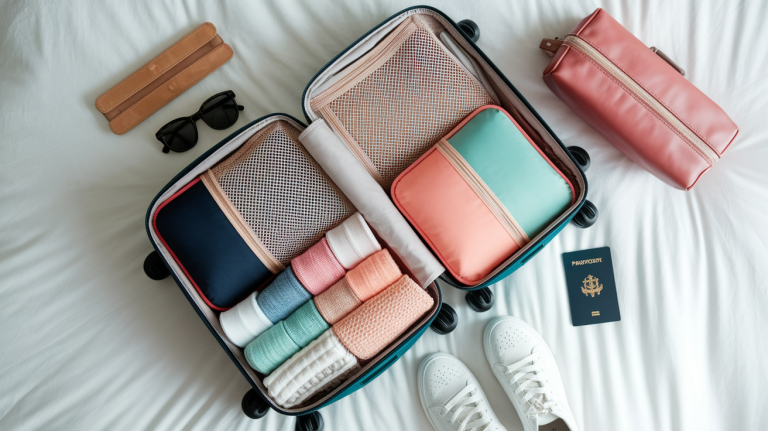 Overhead view of a perfectly organized carry-on suitcase with rolled clothes in compression packing cubes, shoes stuffed with socks in the corners, and a toiletry bag positioned along the side