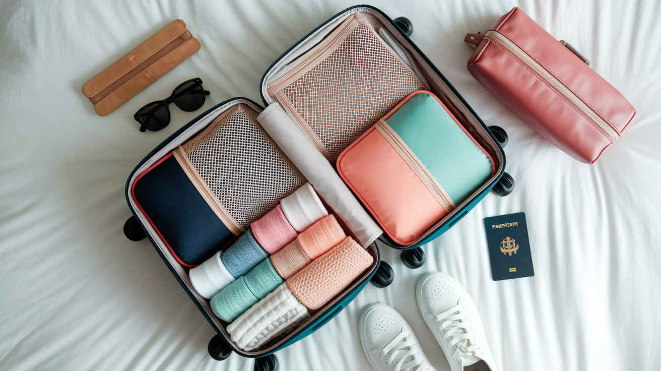 Overhead view of a perfectly organized carry-on suitcase with rolled clothes in compression packing cubes, shoes stuffed with socks in the corners, and a toiletry bag positioned along the side